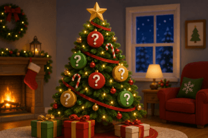 Christmas tree with question mark decorations