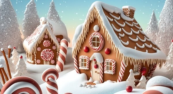 Christmas gingerbread houses in snow