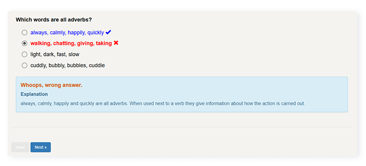 quiz question with marking and question feedback