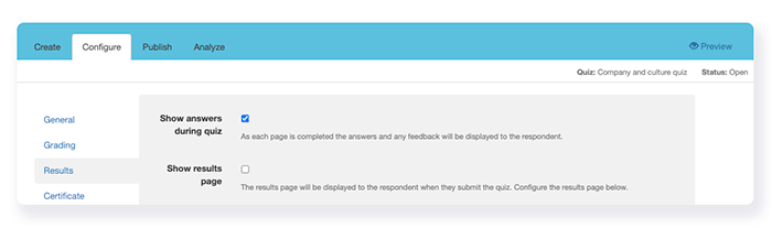 FlexiQuiz configure page with show answers during quiz tick box