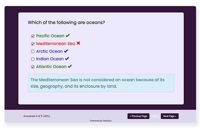 FlexiQuiz answers review at the end of question