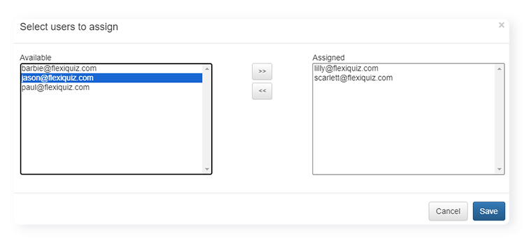 Place to assign users to a quiz on the FlexiQuiz LMS publish screen