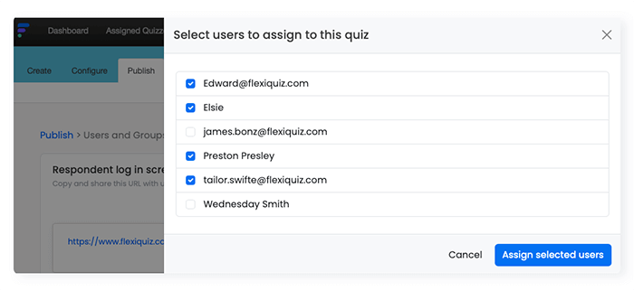 List of Respondents to take quiz on publish screen