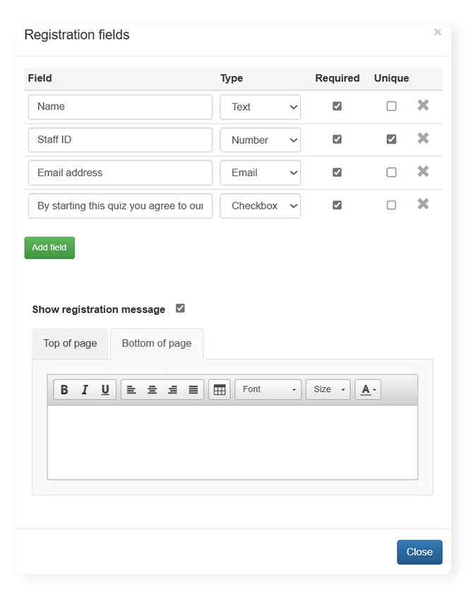 Registration page fields for making a quiz on FlexiQuiz