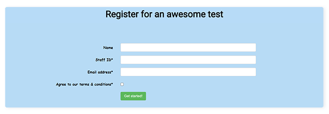 FlexiQuiz registration page that allows you to capture user information