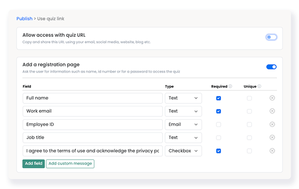 Flexiquiz registrations page customize feautures
