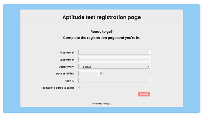 Quiz registration page that captures names, dates, and codes