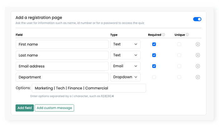 Registration page formatting screen with list of optional registration fields.