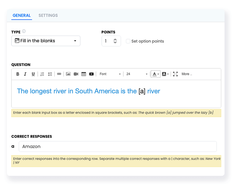 Question editor with fill-in-blank question and blank box highlighted