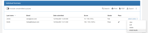 email quiz results option