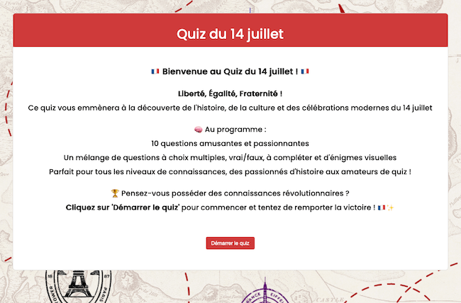 quiz welcome screen with text in French