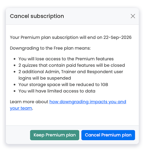 pop up message for cancelling subscription for FlexiQuiz plan