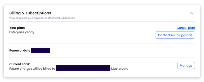 billing and subscriptions screen to mange payments 
