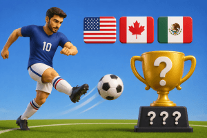 footballer kicking ball at world cup with flags around