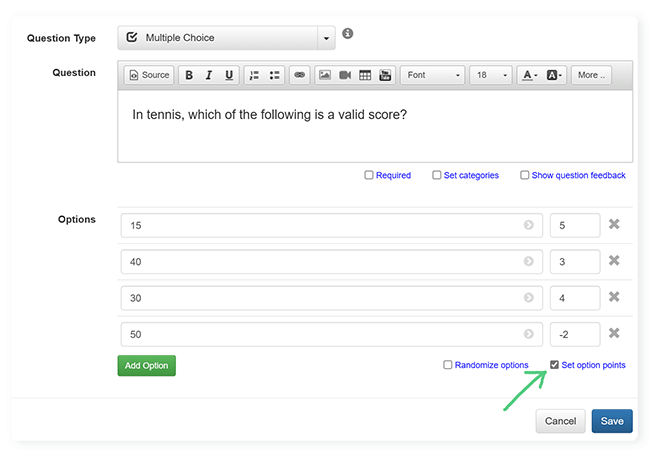 FlexiQuiz question editor with an arrow to tick box to award points per answer option