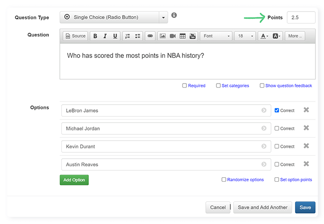 FlexiQuiz question editor with an arrow to the box to allocate points