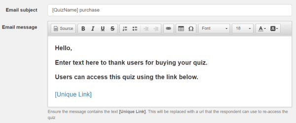 welcome email sent when people buy your quiz