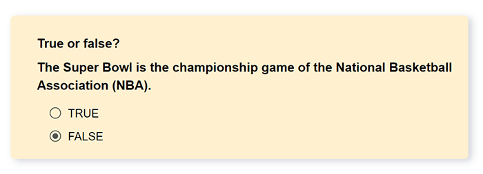 single choice true or false quiz with answer options in text