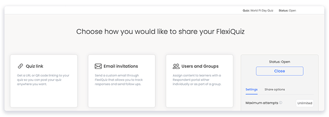 FlexiQuiz how do you want to publish your quiz screen