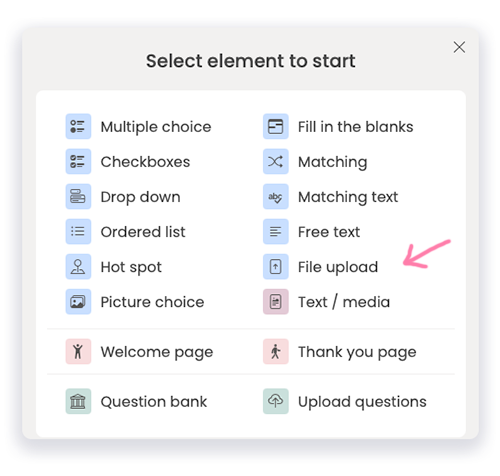 select elements screen with arrow to file upload option