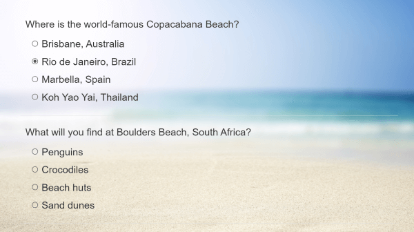 quiz questions with a beach backdrop