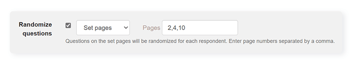 box showing randomize questions box ticked with set pages selected and the pages to be randomized