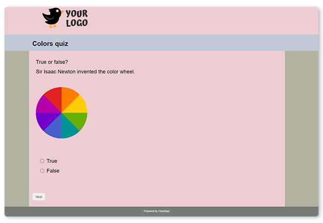 multiple-choice quiz made with FlexiQuiz including background colors and logo 