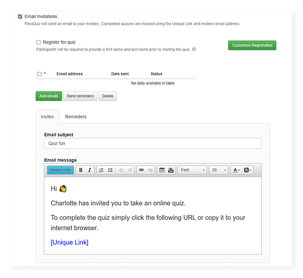 Place to customize text on an email invitation to take a quiz