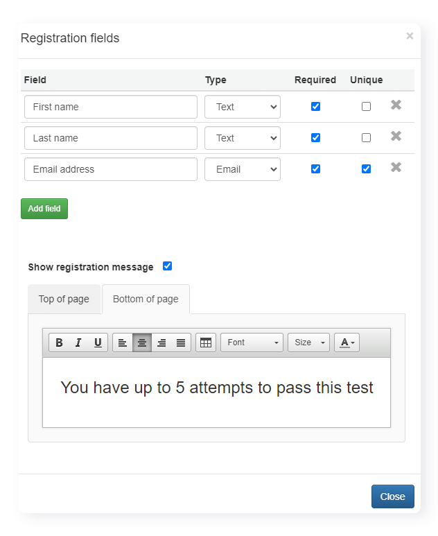 place to make a quiz registration page