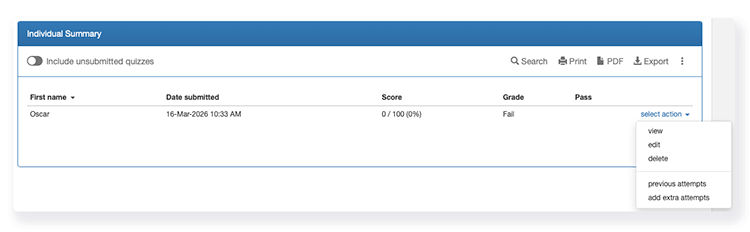 analyze screen with option to view previous attempts and add extra attempts for a single learner.