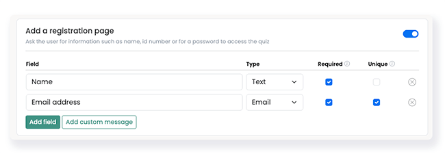 quiz registration page set up