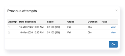list of previous quiz attempts
