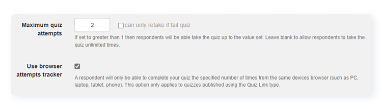 quiz configuration page with box to limit browser attempts