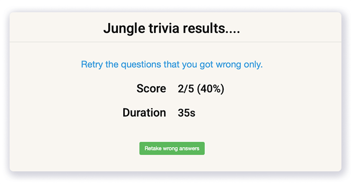Quiz results screen with button to retake wrong answers only